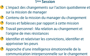 1ère SessionL’impact des changements sur l’action quotidienne et sur la mission de managerContenu de la mission du manager du changementForces et faiblesses par rapport à cette missionTravail personnel : Ma relation au changement et l’origine de mes résistancesIdentifier et relativiser les convictions, identifier et apprivoiser les peursApproche d’une intelligence émotionnelle de la communication interpersonnelle sur le changement