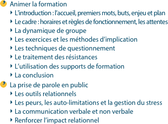 Animer la formationL'introduction : l’accueil, premiers mots, buts, enjeu et planLe cadre : horaires et règles de fonctionnement, les attentesLa dynamique de groupeLes exercices et les méthodes d’implicationLes techniques de questionnementLe traitement des résistancesL’utilisation des supports de formationLa conclusionLa prise de parole en publicLes outils relationnelsLes peurs, les auto-limitations et la gestion du stressLa communication verbale et non verbaleRenforcer l’impact relationnel