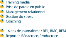 Training médiaPrise de parole en publicManagement relationnel
Gestion du stress
Coaching

16 ans de journalisme : RFI , RMC, RFMReporter, Rédactrice, Productrice