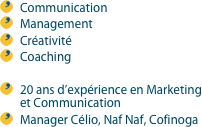 CommunicationManagementCréativité
Coaching20 ans d’expérience en Marketing et CommunicationManager Célio, Naf Naf, Cofinoga